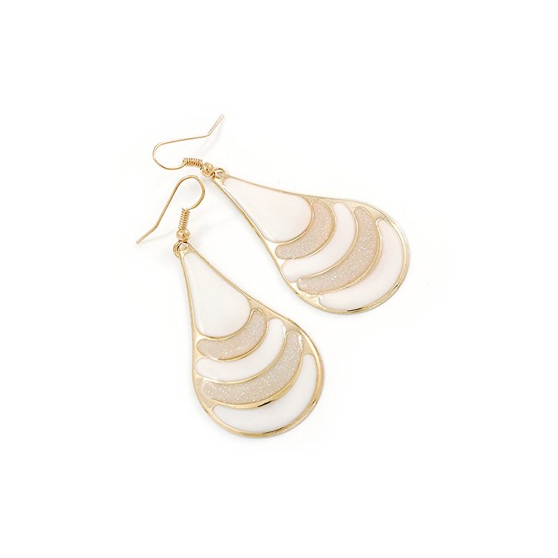 White Enamel With Glitter Element Teardrop Earrings/Gold Tone/ 65mm L
