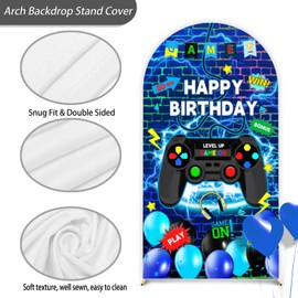 Game Arch Backdrop Cover 7.2FT Video Game Spandex Arch Stand Covers Fabric 2-Sided Kids Gaming Round Top Stretchy Backdrop Stand Covers for Birthday Party Decoration Supplies Photo Booth Shoot Props