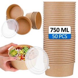 AojSup 50 Pcs Kraft Paper Bowls with Lid, 25 Oz Disposable Kraft Paper Bowls Salad Serving Bowls, To Go Food Container for Party Dessert, Ice Cream, Yogurt, Microwave Freezer Safe