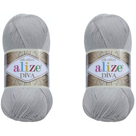 Alize Diva - Hilo de tejer a mano, 100 % microfibra, hilo acrílico Alize Diva, hilo de seda con efecto de ganchillo, arte de encaje, para manualidades, lote de 2 madejas, 200 g, 767 yardas (355-gris)