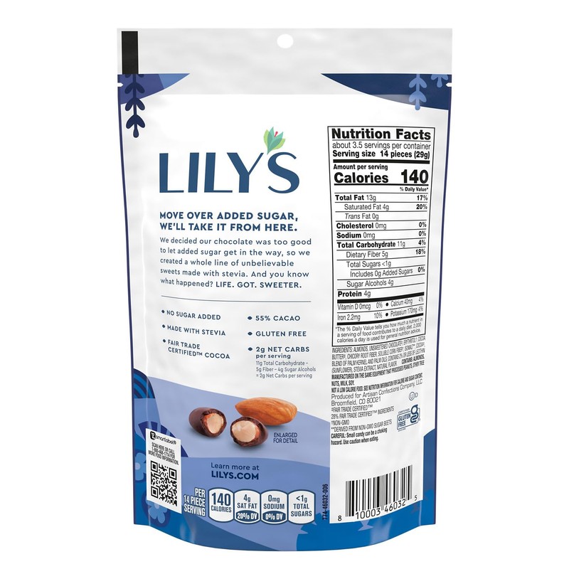 LILY'S Dark Chocolate Style No Sugar Added Covered Almonds Bag,
