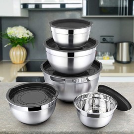 Black Mixing Bowls with Lids Set of 5 , P&P CHEF Stainless Steel Black Nesting Bowl with Plastic Lid, Non-slip Silicone Base & 5 Sizes 7/3.5/2.5/1.5/1 QT, Great for Mixing Prepping Storing Serving