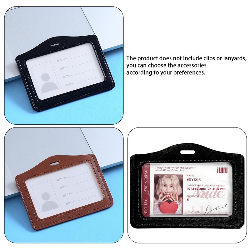 2 Pcs Black&Brown Leather ID Badge Holder, One Sided Clear