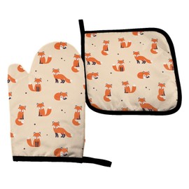 Vintage Cute Little Red Fox Oven Mitts and Potholder Set-Heat Resistant Oven Gloves to Protect Hands and Surfaces with Non-Slip Grip, Hanging Loop-Ideal for Handling Hot Cookware Items