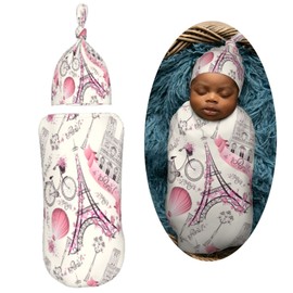 Muishi Eiffel Tower Paris Newborn Swaddle Blankets Hat Sets Soft Baby Receiving Blanket Swaddle Sack for Baby Shower Infant Boy Girl Gift