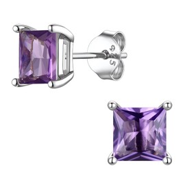 Suplight February Birthstone Earrings 925 Sterling Silver Princess Cut Amethyst Purple Earrings for Women Girls