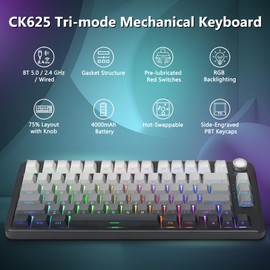 HUO JI Wireless Mechanical Gaming Keyboard, Hot Swappable Pre-lubed Red Switches, RGB Backlit, Side Printed PBT Keycaps, Volume Knob, 2.4GHz/USB-C/BT5.0 Tri-Mode 75% Design, Black