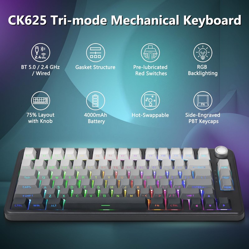 HUO JI Wireless Mechanical Gaming Keyboard, Hot Swappable Pre-lubed Red