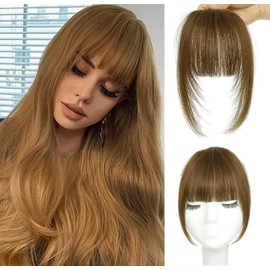 Jijukor Clip In Bangs 100% Human Hair Bangs French Ligth Brown Clip In Bangs Fringe with Temples Real Human Hair Fake Bangs Extensions for Women Daily Wear
