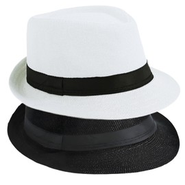 Soffpjy 1920s Men Fedora Hat Accessories 20s Men Gangster costume Short Brim Summer Beach Sun Hat (Black & White, 58cm)