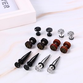 Aroncent Tree of Life Earrings, 6 Pairs Stainless Steel Wood Tree Spike Hoop Earrings Stud Earrings For Men Women Fake Gauge Faux Plug Screw Back Earrings