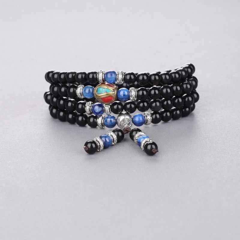 coai® 108 Beads Multilayer Blue Kyanite and Obsidian Malas Prayer