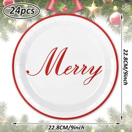 Whaline Merry Christmas Paper Plate Red White Disposable Party Plate Xmas Winter Dinnerware Plate 9 Inch for Party Supplies Table Decor, 24Pcs