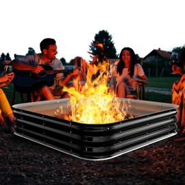 Height 11.5 Inch, Square Galvanized Steel Fire Pit for Outside, Heavy Duty Steel Fire Pit In-Ground for Backyard, Camping, Bonfire, Flower Raised Garden Bed for Garden (4X4X1 FT)