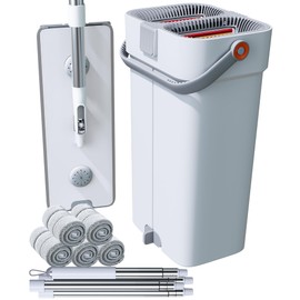 POPMOP Mop and Bucket Set, Flat Mop and Bucket System, Mop Bucket with Wringer, Wall Mop with Adjustable Handle (Max 61 Inches), 5 Washable Microfiber Mop Pads