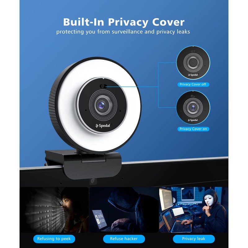 Spedal 4K Webcam with Ring Light, Built-in Privacy Cover and