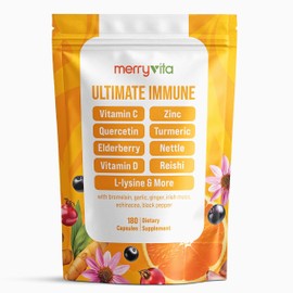 MERRY VITA Liposomal Vitamin C 1000mg - Immune Support Supplement with Zinc, Rose HIPS, Elderberry, Quercetin, Bioflavonoids - Natural, Vegan, Non-GMO - 180 Capsules