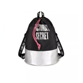 Victoria's Secret Drawstring Backpack Bag Tote Black & Silver