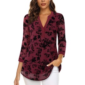 Vafoly Women's 3/4 Sleeve Top, Henley V-Neck, Double Layer, Mesh, Blouse, Tunic