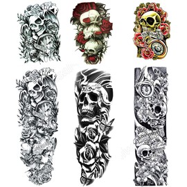 Yesallwas Skull Tattoo Stickers, Set of 6, Japanese Pattern, Tattoo Stickers, Realistic Large, Waterproof, Long Lasting, Japanese Carving, Tattoo Seal, Body Seal, Hands, Arms, Legs