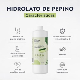HEBBE - Hidrolato de Pepino 1 L | Disminuye Arrugas y Ojeras | Alivia Ojos Cansados | Desinflama y Evita Enrojecimiento | Reparador de Daños Solares |