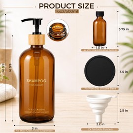 TBWIND 4 Pack 16oz Amber Glass Shampoo Dispenser Set with Bamboo Pumps, Permanent Screen Printed Refillable Bottles for Shampoo, Conditioner & Body Wash, Includes Travel Bottles & Silicone Pads