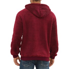 PEGENO Mens Fuzzy Sherpa Hoodie Pullover Sweatshirts Loose Cozy Pocket Long Sleeve Winter Hooded Outwear（Wine Red Small）