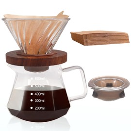 Pour Over Coffee Maker 600ml Borosilicate Glass Drip Coffeemaker Server Set with 100pcs V60 Cone Paper Filters Walnut Collar Glass Lid Clear Hand Brew Dripper Carafe for Home Camping Travel 20.29oz