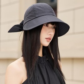 Qzkouma DJIE-70 Women's Hat, UV Protection, Bucket Hat, Sun Visor, Wide Brim, Small Face Effect, Includes Chin Strap, UV Protection, Spring and Summer, Lightweight, Folding, Black, Free size