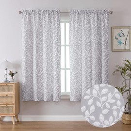 Chyhomenyc Anna White Grey Curtains 63 Inch Length 2 Panels, Light Filtering Soft Airy 3D Embossed Textured Leaf Pattern Drapes for Bedroom Living Room Windows, Each 38Wx63L Inches