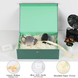 Large Gift Boxes with Lids 5 Pack 13X9X4 Inch Large Green Gift Box with Ribbon Christmas Gift Box Foldable Gift Boxes for Presents、Shredded Paper Filler & Cards