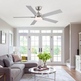 Rayqueen 52 Inch Ceiling Fans with Lights and Remote,Silver Ceiling Fan with 5 Blades,3CCT Dimmable LED,6 Speed Reversible DC Motor-Downrod Modern Ceiling Fan For Indoor or Covered Outdoor