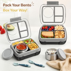 Reeple Kids Bento Lunch Box with 9oz Insulated Food Jar & Ice Pack, Leak-Proof 3 Compartment Kids Food Container with Clear Lid & Utensils, BPA-Free Hot Soup Jar for Girls School(Black)