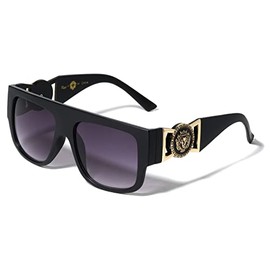 Dweebzilla Flat Top Lion Head Medallion Gold Buckle Retro Square Aviator Sunglasses (Matte Black & Gold Frame - Black Gradient Lenses)