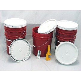 Bucket Kit, Five Red 5 Gallon Buckets White Snap-on Lids and one Lid Wrench