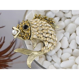 Alilang Women's Gold Toned Gunmetal Champagne Rhinestone Crystals Faux Pearl Fish Lapel Pin Brooch