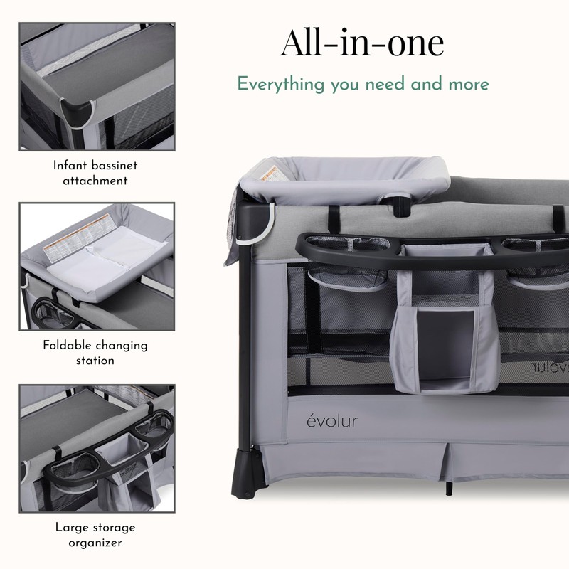 Evolur Cozy Cove All-in-One Portable Playard with Bassinet & Changing