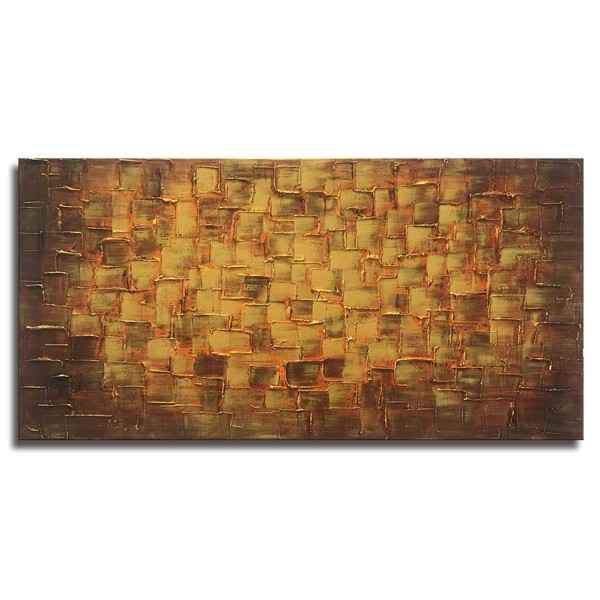 MyArton Textured Abstract Squares Canvas Wall Art Hand Painted Modern Golden Yellow Oil Painting for Decoration Ready to Hang 48x24inch