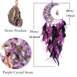 Donko Purple and Black Feather Dream Catcher, Moon Dream Catcher for Bedroom Adults, Large Dream Catchers with Crystal Tree of Life, Handcrafted Dream Catcher with Stone Pendant for Home Decoration