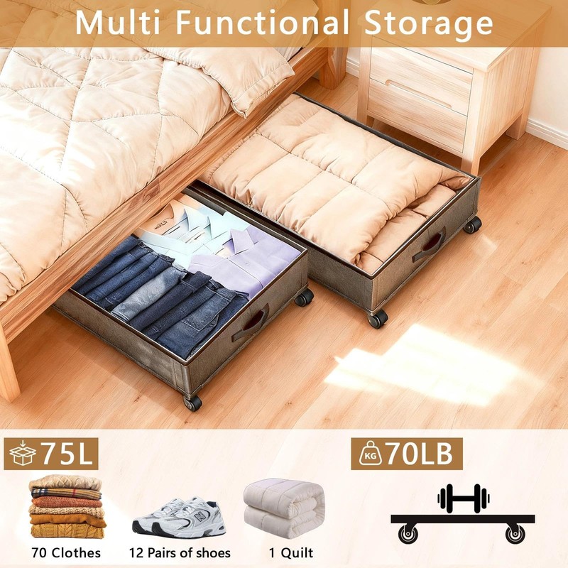 Meetue Under Bed Storage with Wheels, 2 Pack 75L Underbed