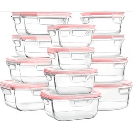 MUMUTOR Glass Food Storage Containers with Lids, [24 Piece] Glass Meal Prep Containers, Airtight Glass Bento Boxes, BPA Free & Leak Proof (12 lids & 12 Containers) - Pink