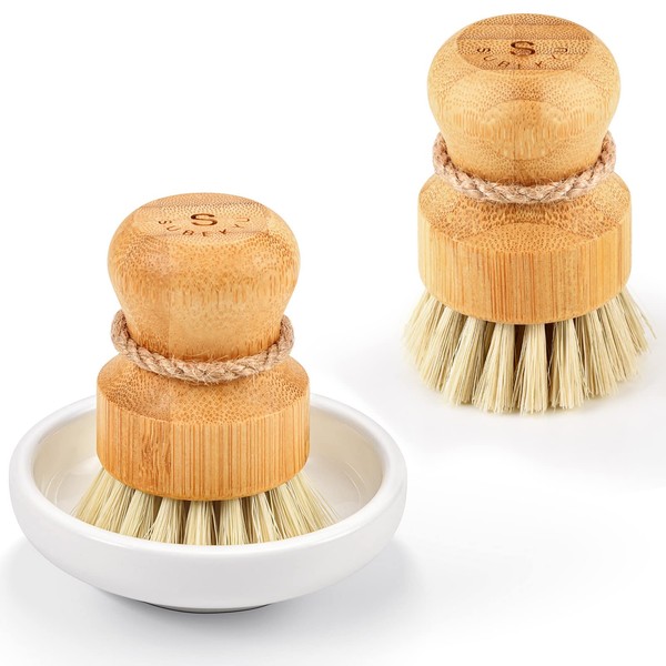 SUBEKYU Bamboo Dish Scrub Brushes, Kitchen Wooden Cleaning Scrubbers Set