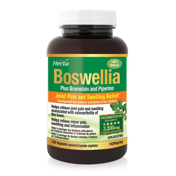 Herba Boswellia Serrata Capsules with Bromelain Supplement – 120 Boswellia Capsules | 3,330mg – 10:1 Boswellia Extract with Black Pepper - Extra Strength | Relieves Joint Pain and Swelling | Product of Canada