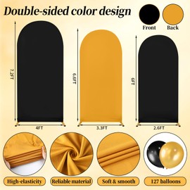Double Color Wedding Arch Cover Set of 3 7.2ft 6.6ft 6ft Spandex Fitted Arch Stand Covers with Balloons Party Sign Round Top Backdrop Cover for Wedding Birthday Party Bridal Baby Shower (Black+Gold)