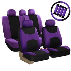 FH Group Light & Breezy Cloth Full Set Car Seat Covers (Purple/Black) Combo Set: Steering Wheel Cover, Seat Belt Pads and Black Vinyl Floor Mats – Universal Fit for Cars Trucks & SUVs