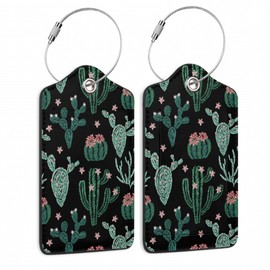Abstract Cactus Plants Luggage Tag for Suitcase 2 Pcs Unique Leather Suitcase Tags with Full Privacy Cover Stainless Steel Loop for Women Men Travel Baggage Bag Backpack