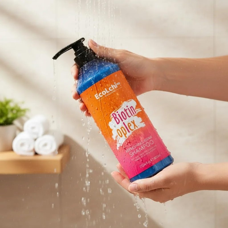 EcoLchi Biotin Oplex Shampoo Capilar Orgánico, Fórmula de Hidratación Profunda,