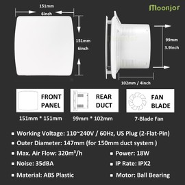 Moonjor 4" Exhaust Fan, 50CFM Quiet Small Window Wall Mount Vent Extractor Fan for Kitchen Bathroom Workshop Garage (US Cord)