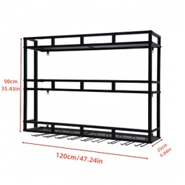 HFTUW Metal Wine Rack Wall Mounted, Bar Shelves for Liquor Bottles with LED Light, 3 Tier Large Capacity Liquor Rack Wall Mounted with Glass Holder for Home Bar & Dining Room （Black, 47in/120cm）