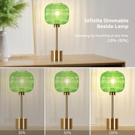 ELEUTERSUN Green Glass Table Lamp with 3 Way Dimmable and Touch Control, Mid Century Modern Vintage Bedside Table Lamp for Bedroom Living Room End Table